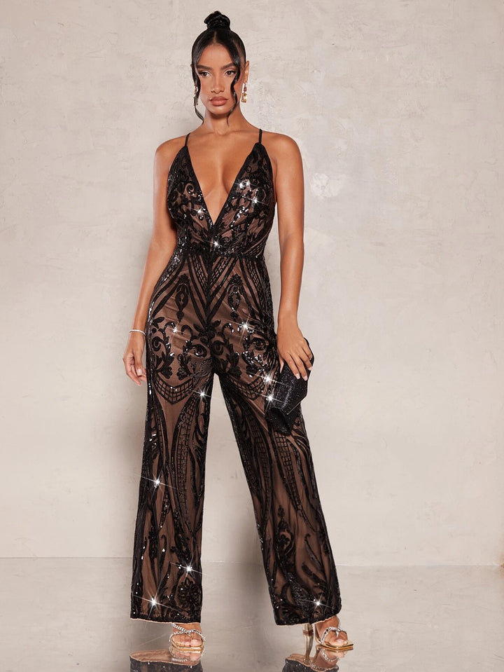 Lace Up Backless Sequin Cami Jumpsuit