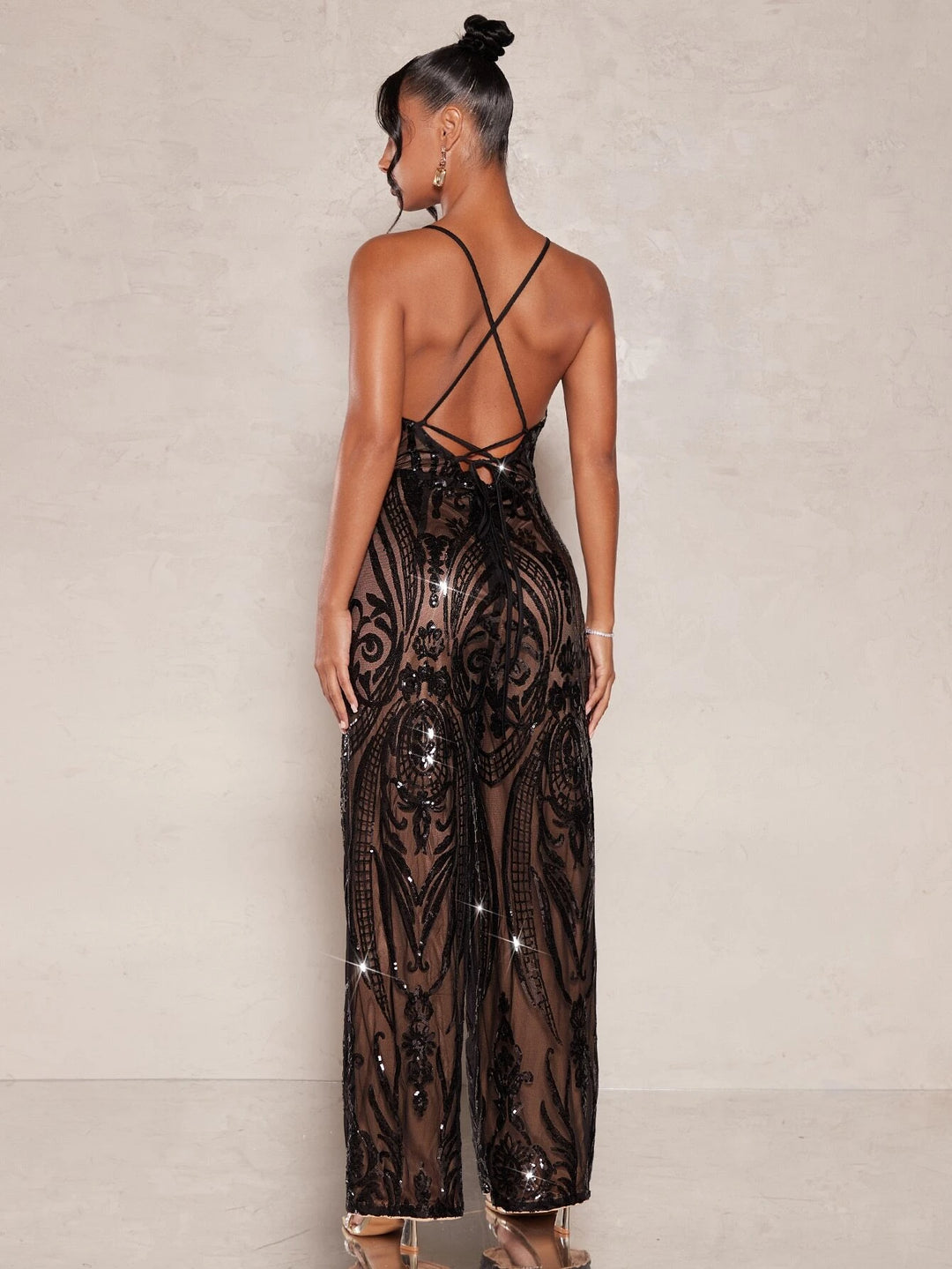 Lace Up Backless Sequin Cami Jumpsuit