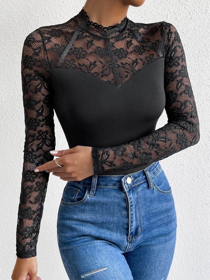 Contrast Lace Mock Neck Bodysuit