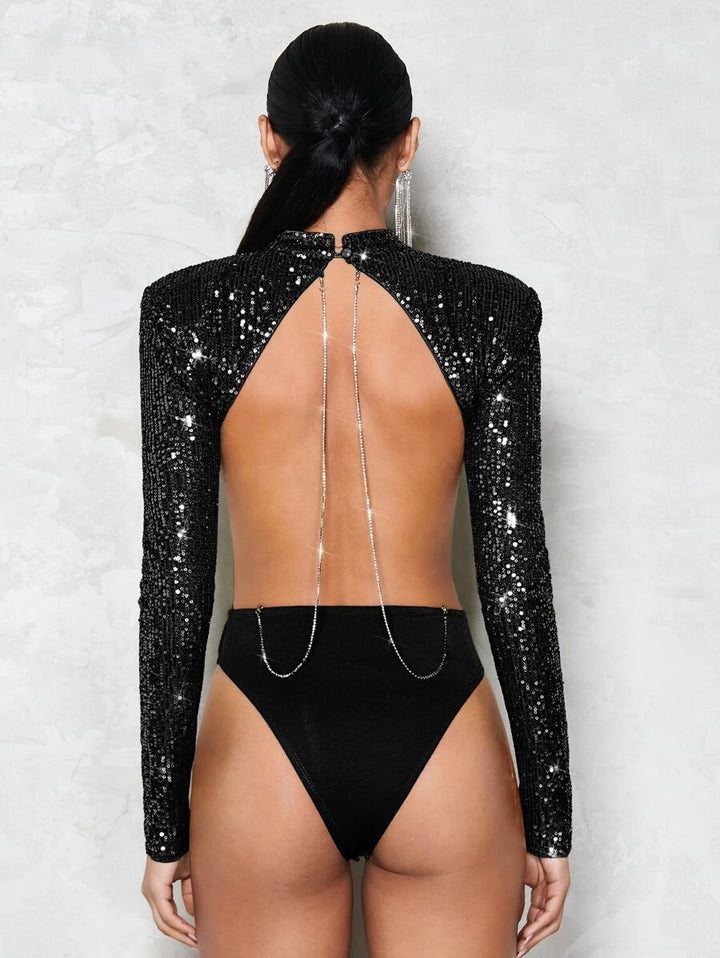 Rhinestone Chain Detail Backless Mock Neck Sequin Bodysuit