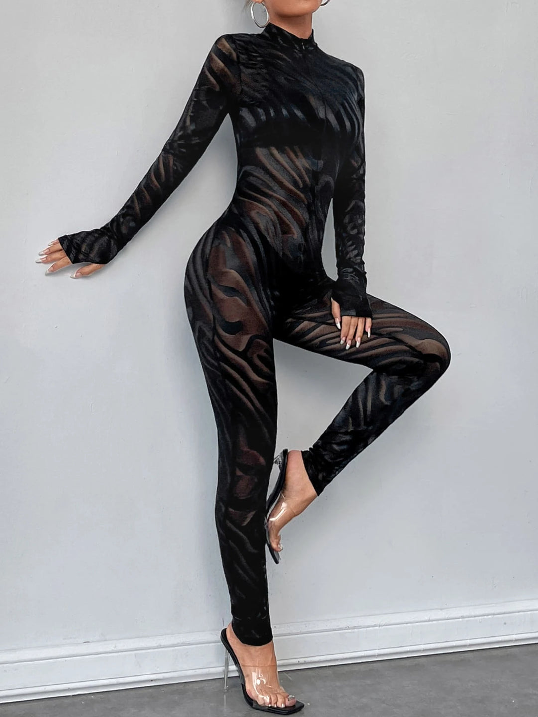 Striped Patterned Long Sleeve Unitard Jumpsuit