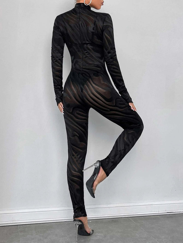 Striped Patterned Long Sleeve Unitard Jumpsuit