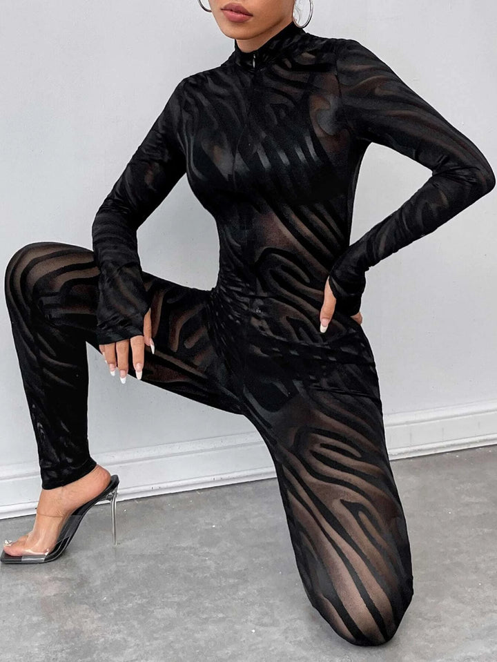 Striped Patterned Long Sleeve Unitard Jumpsuit