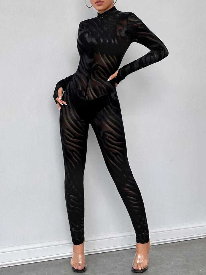 Striped Patterned Long Sleeve Unitard Jumpsuit