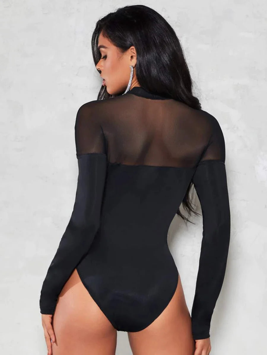 Full Sleeve Contrast Mesh Mock Neck Bodysuit