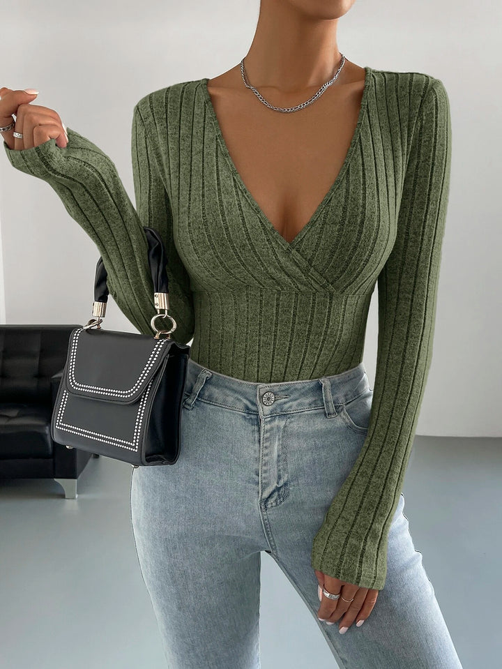 Surplice Neck Ribbed Knit Bodysuit