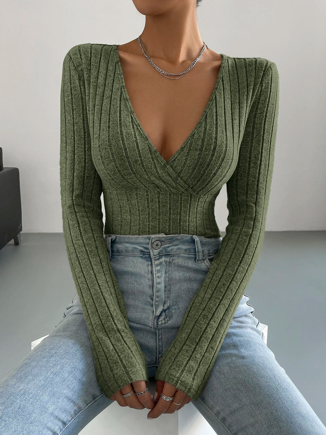 Surplice Neck Ribbed Knit Bodysuit