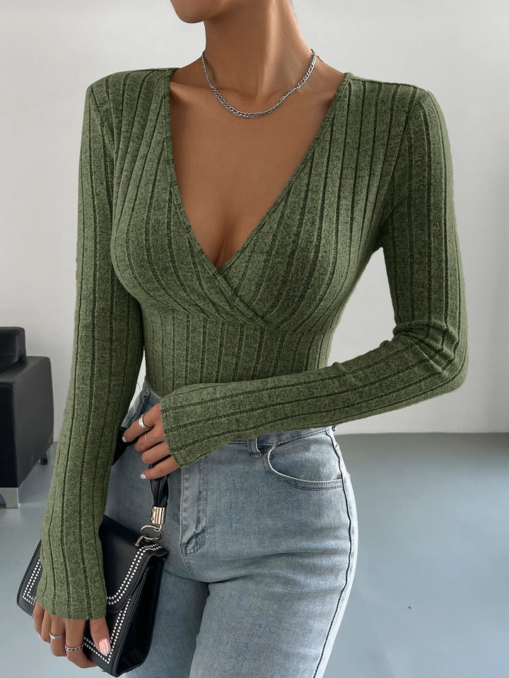 Surplice Neck Ribbed Knit Bodysuit