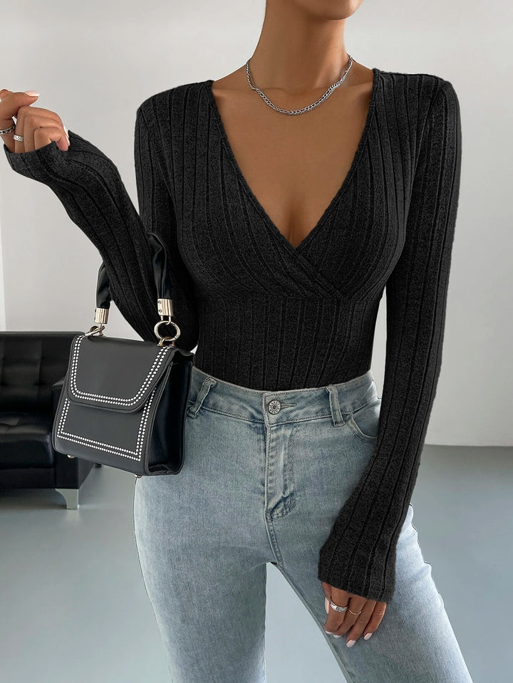 Surplice Neck Ribbed Knit Bodysuit