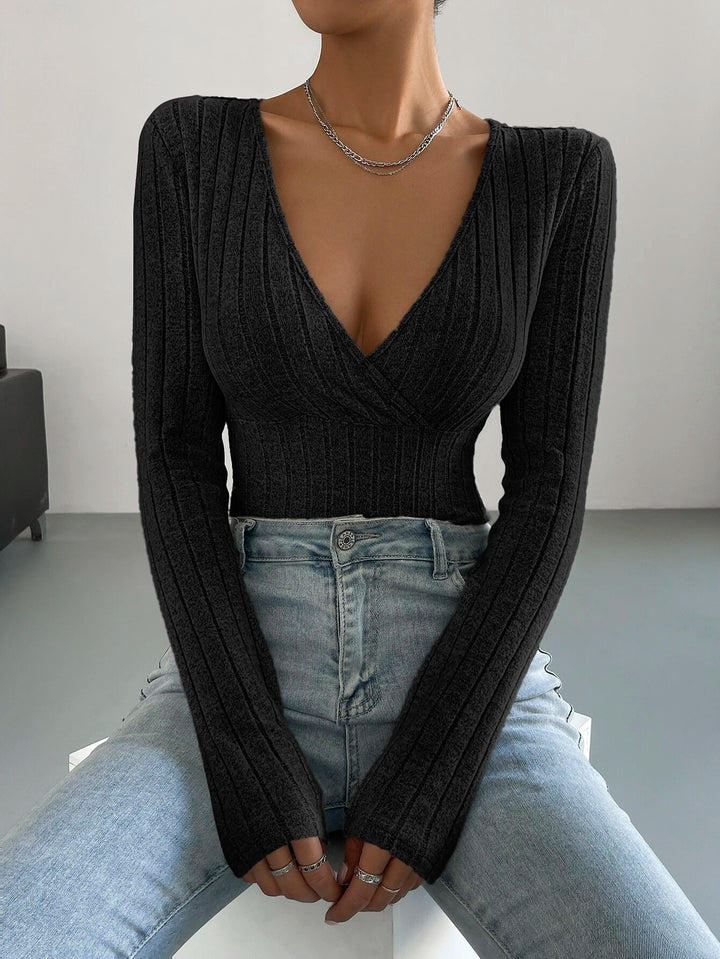 Surplice Neck Ribbed Knit Bodysuit