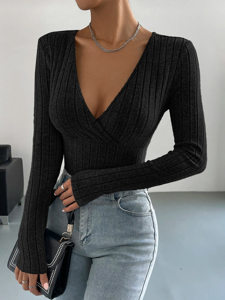 Surplice Neck Ribbed Knit Bodysuit