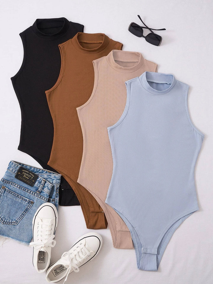 Mock Neck Rib Knit Bodysuit Four Set