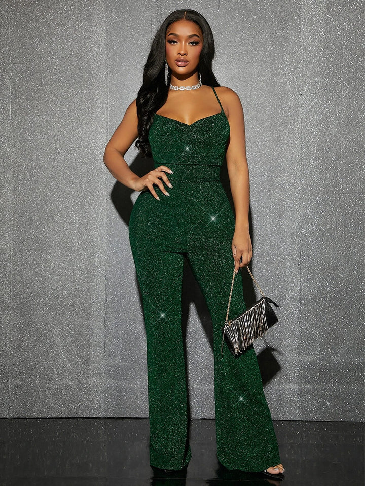 Draped Collar Backless Glitter Jumpsuit