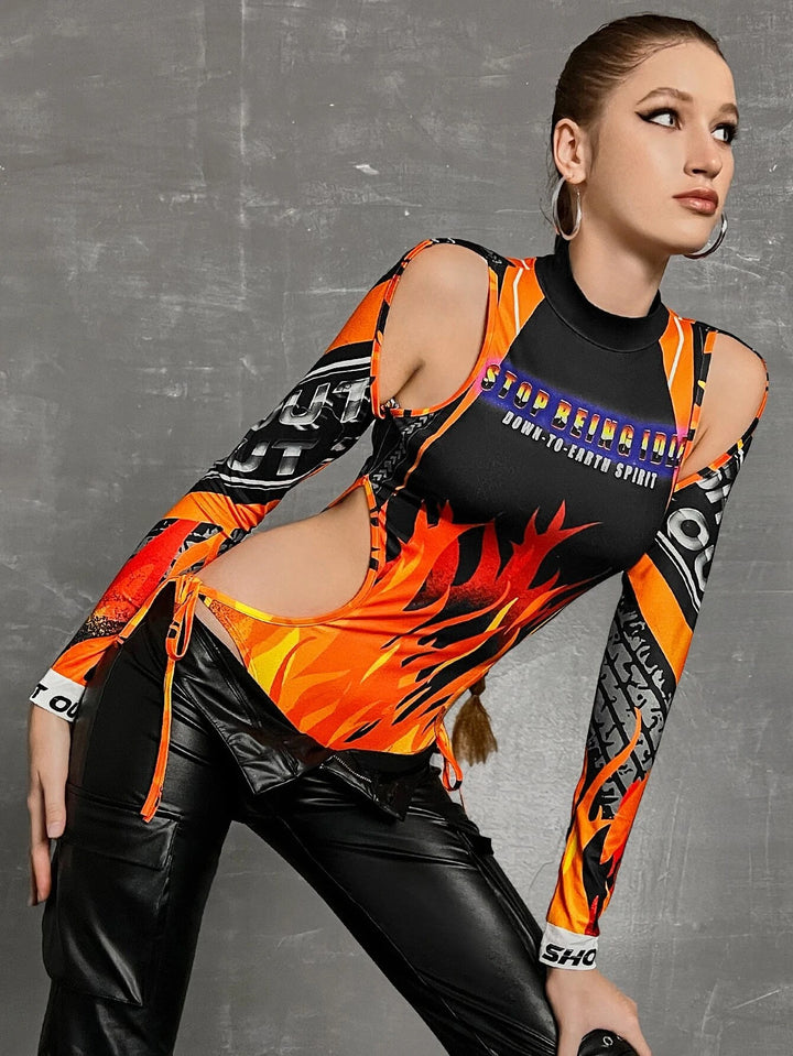 Bikercore Letter And Fire Print Bodysuit