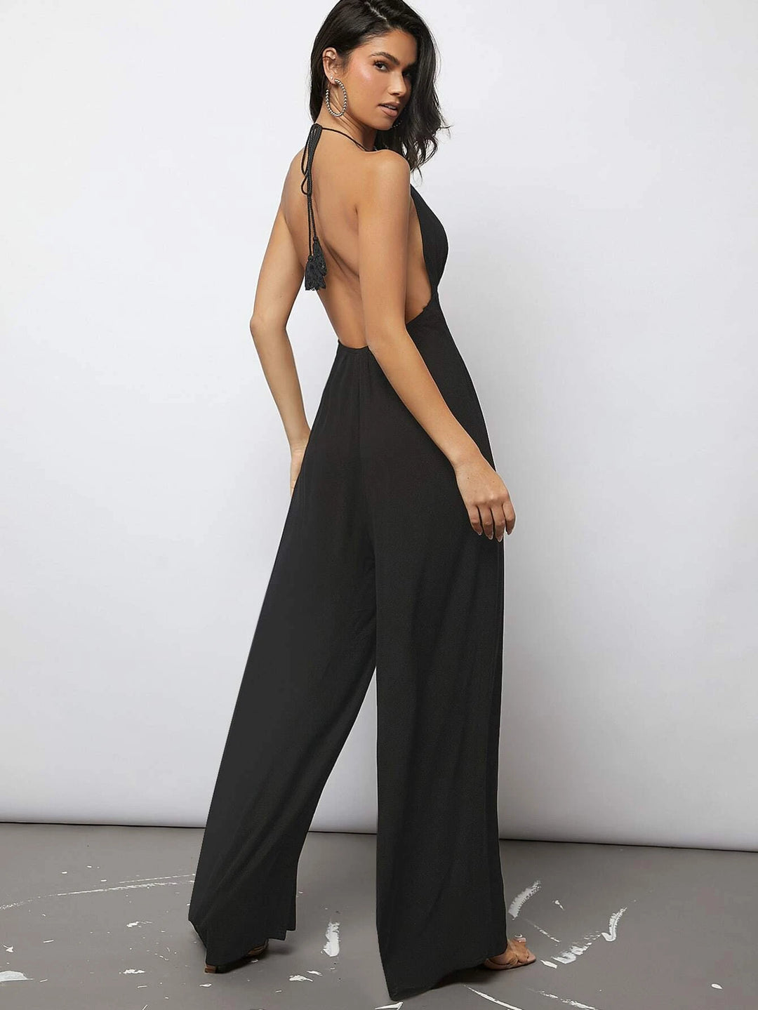 Plunging Neck Tied Backless Wide Leg Jumpsuit