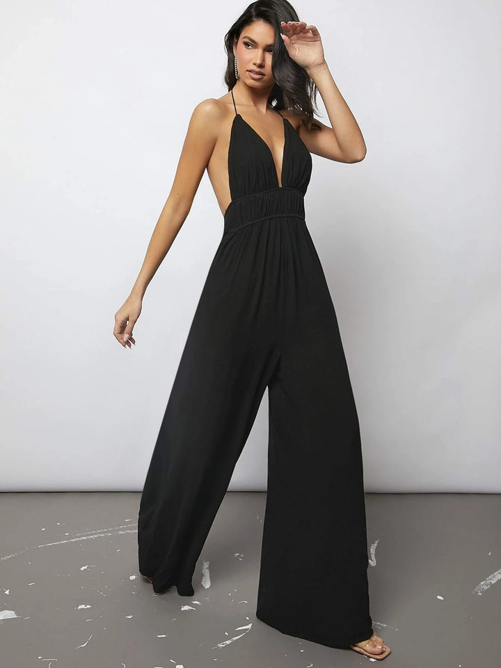 Plunging Neck Tied Backless Wide Leg Jumpsuit