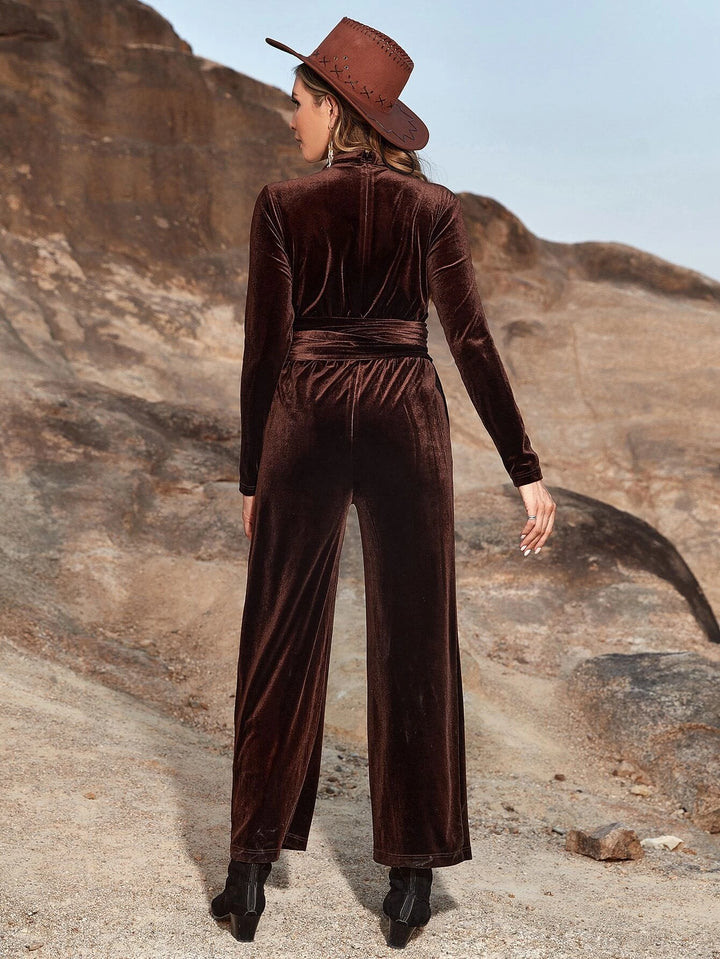 Surplice Neck Belted Velvet Jumpsuit