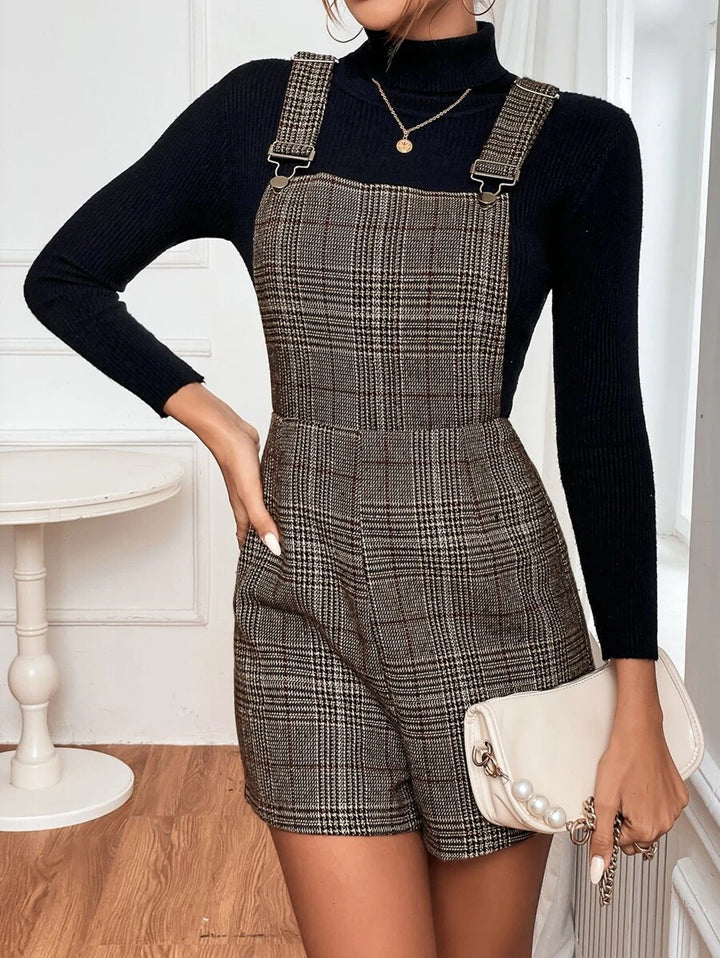 Frenchy Plaid Print Overall Romper Without Top