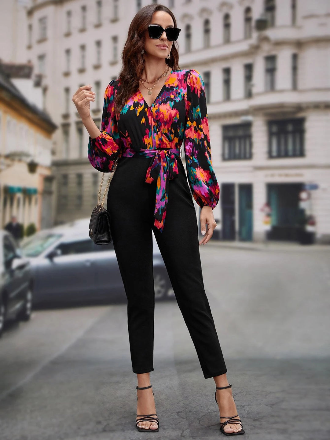 Graphic Print Surplice Neck Belted Jumpsuit