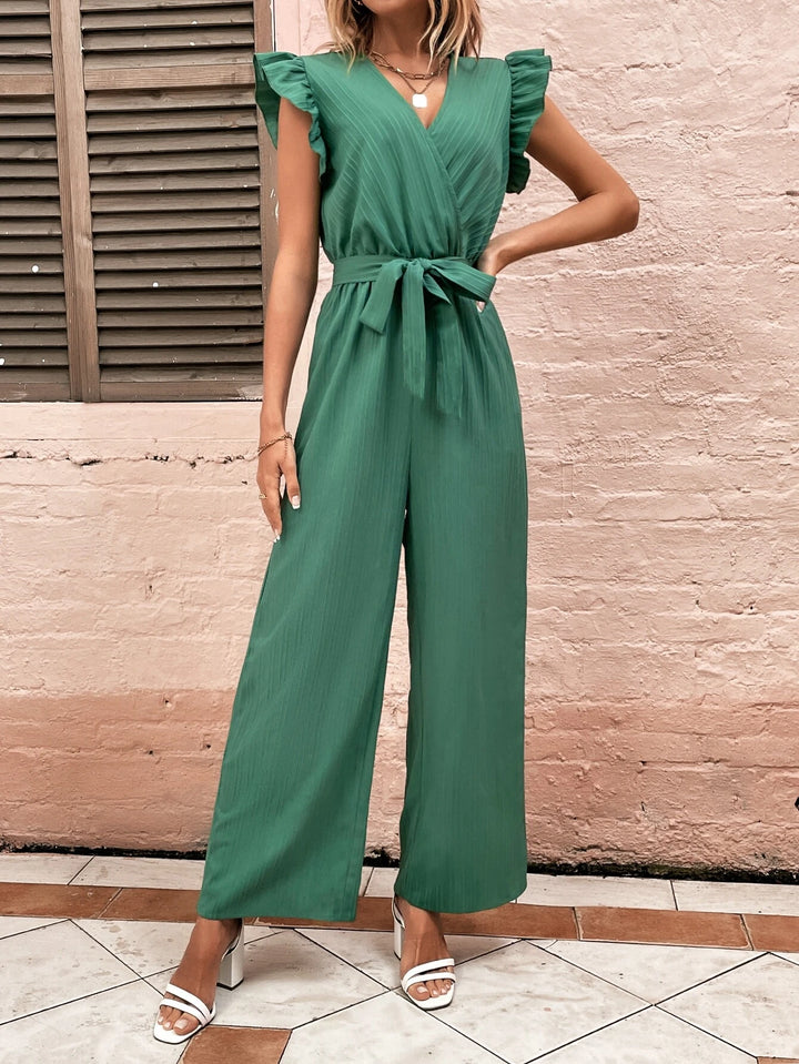 High Waist Green Ruffle Trim Belted Jumpsuit