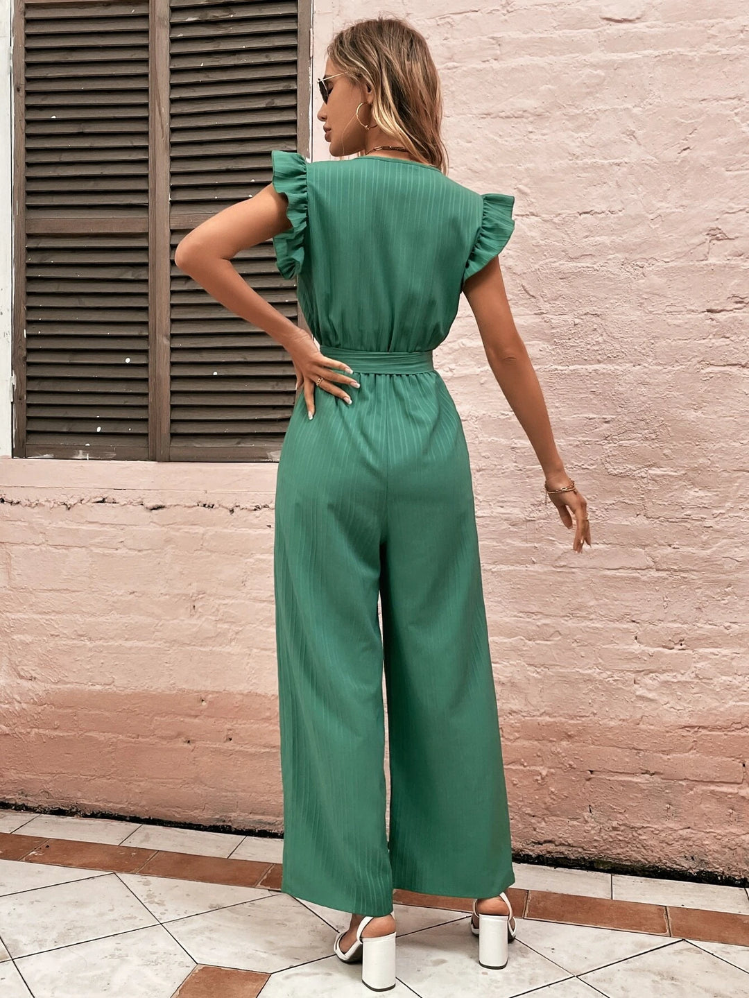 High Waist Green Ruffle Trim Belted Jumpsuit