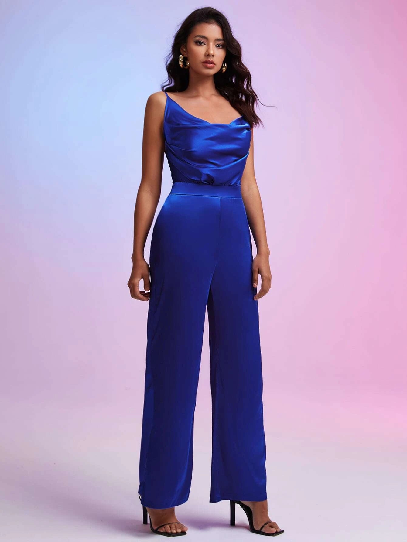 Draped Collar Satin Cami Jumpsuit – Comfy Jumpsuit