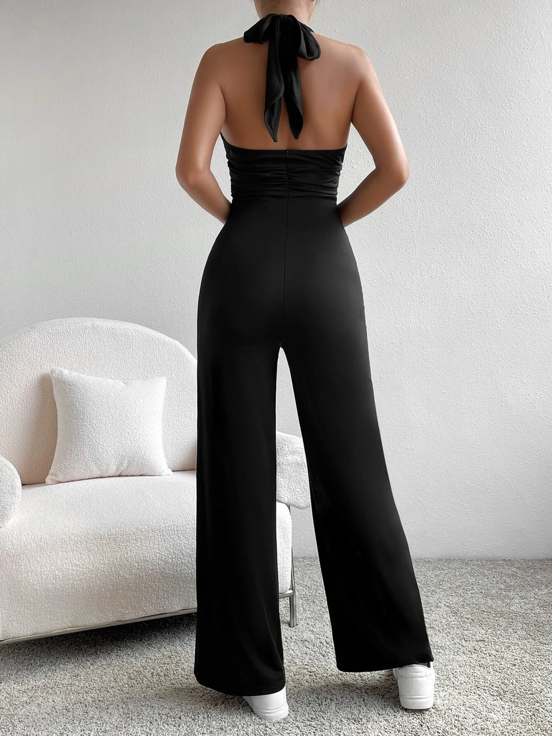 Plunging Neck Tie Backless Jumpsuit