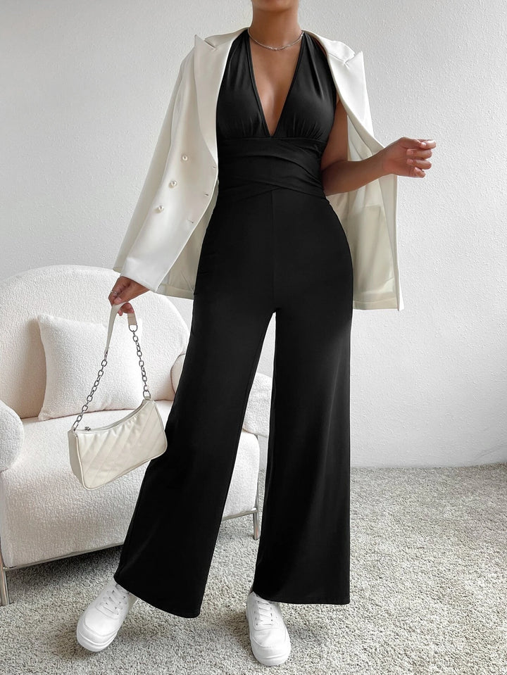 Plunging Neck Tie Backless Jumpsuit