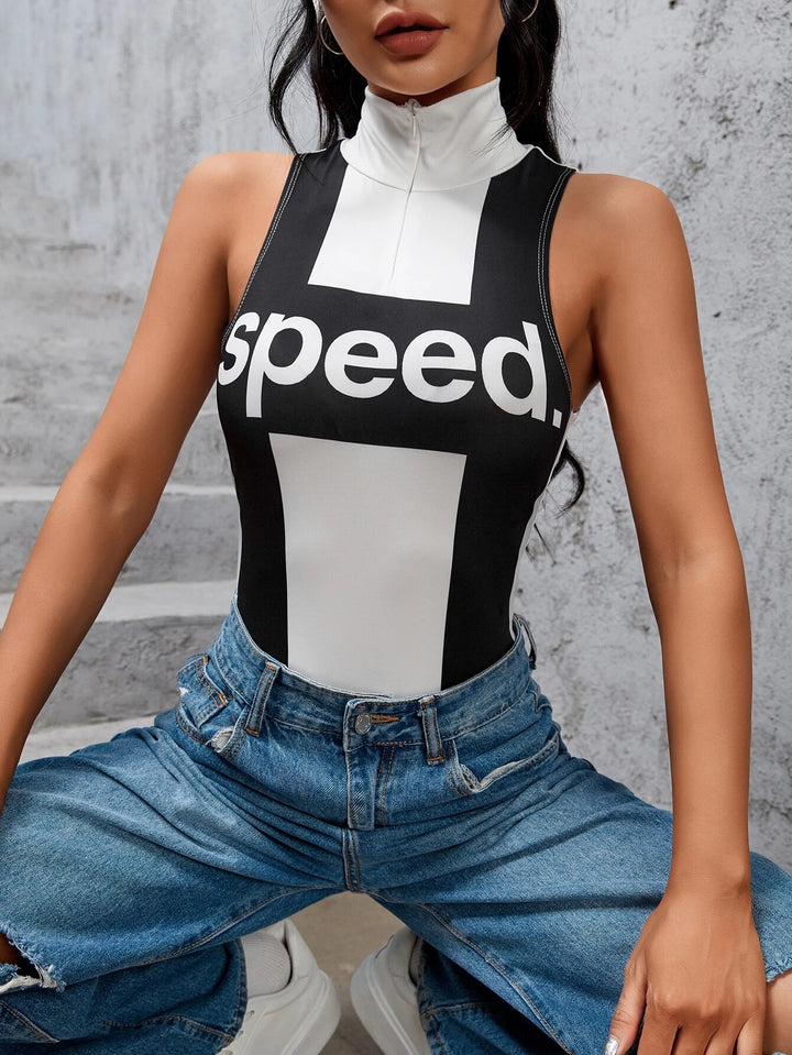 Letter Graphic Mock Neck Tank Bodysuit