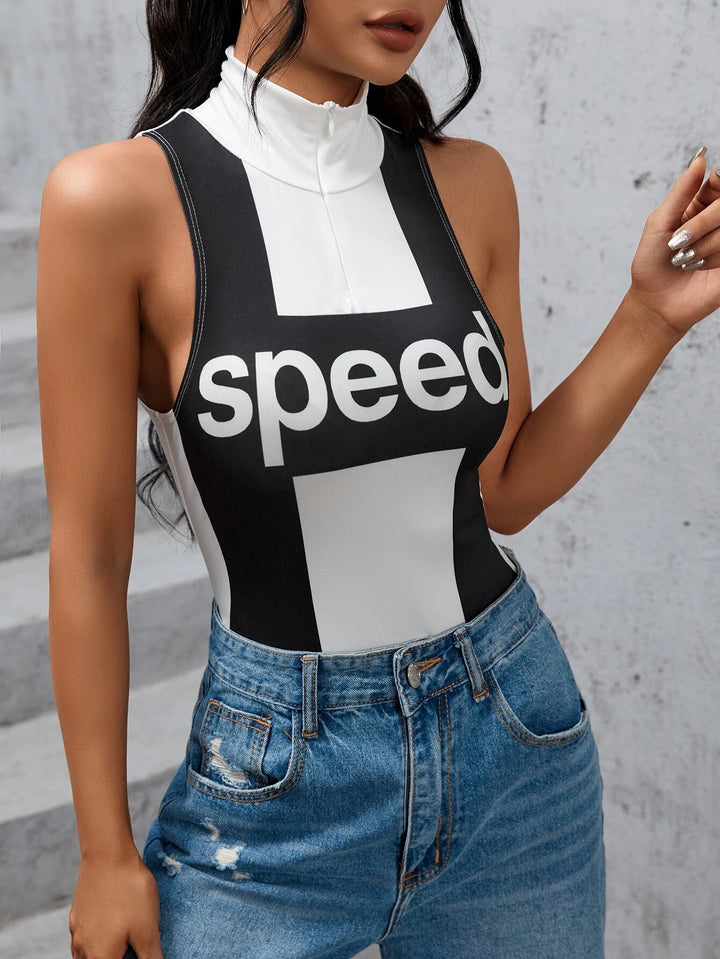 Letter Graphic Mock Neck Tank Bodysuit