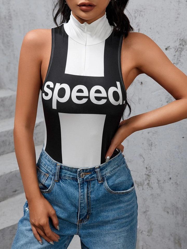 Letter Graphic Mock Neck Tank Bodysuit