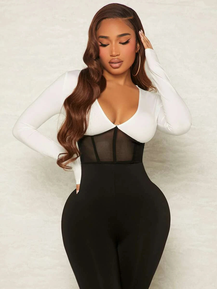 Contrast Mesh Plunging Neck Jumpsuit