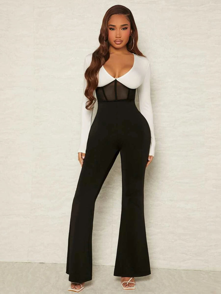 Contrast Mesh Plunging Neck Jumpsuit