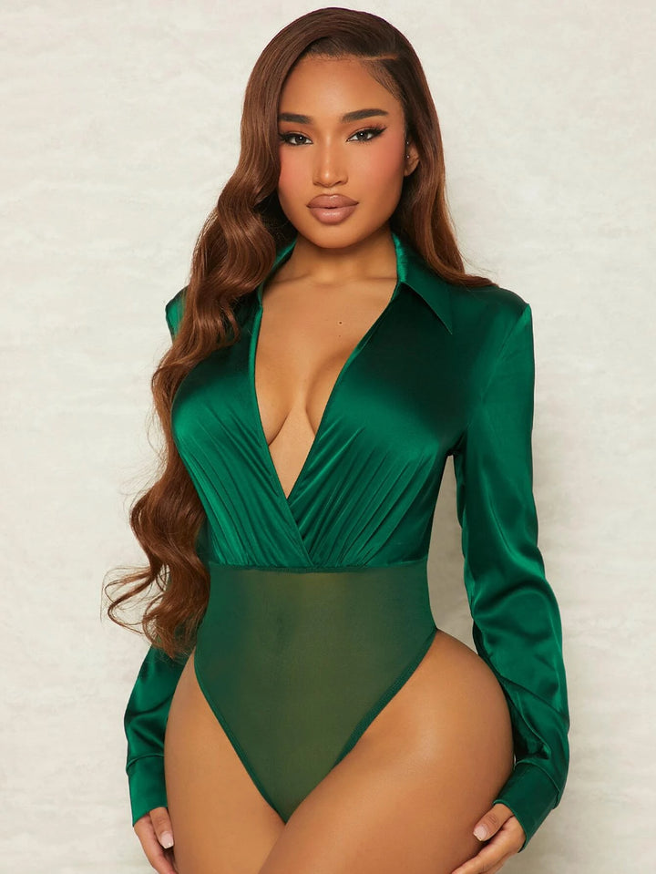 Contrast Mesh Ruched Bodysuit