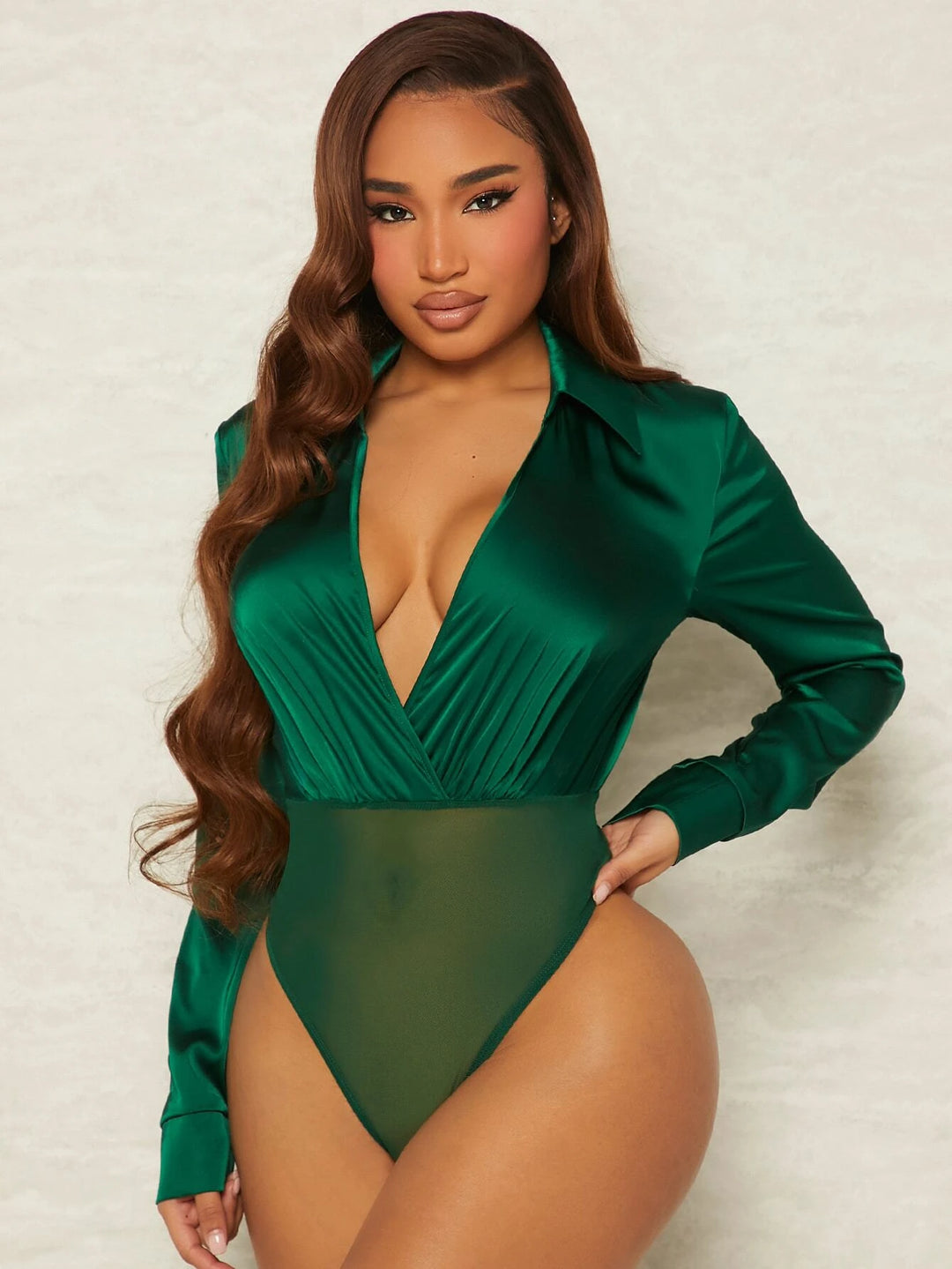 Contrast Mesh Ruched Bodysuit