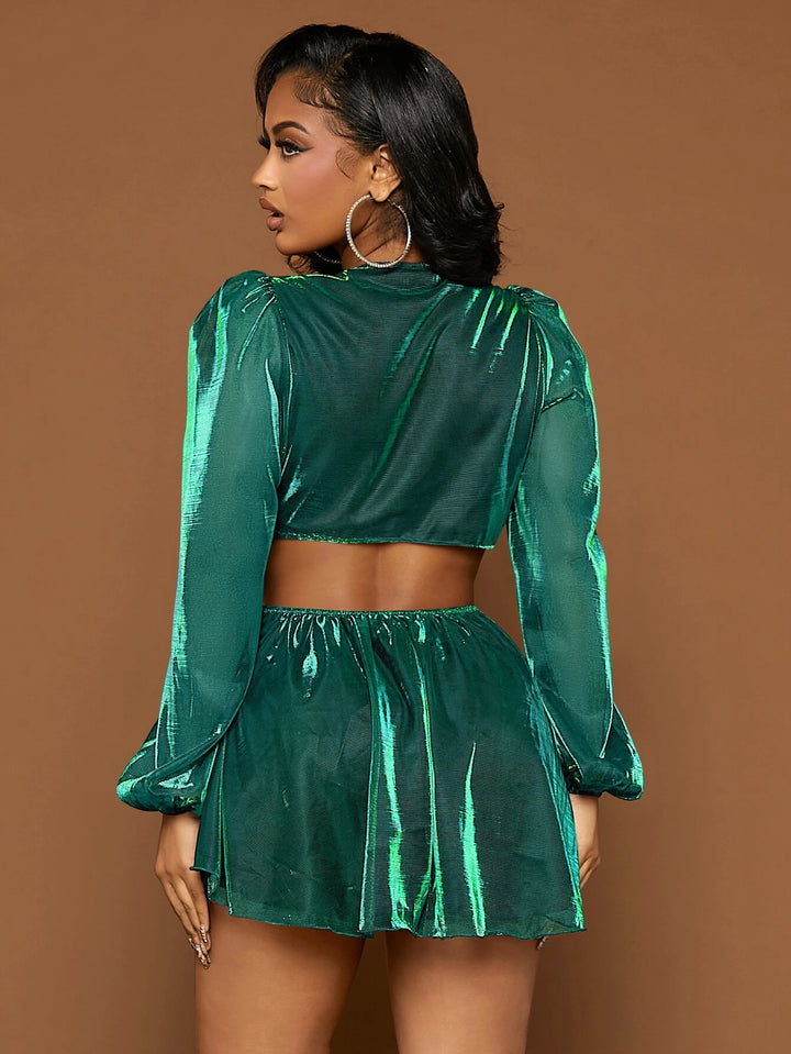 Plunging Neck Lantern Sleeve Metallic Romper