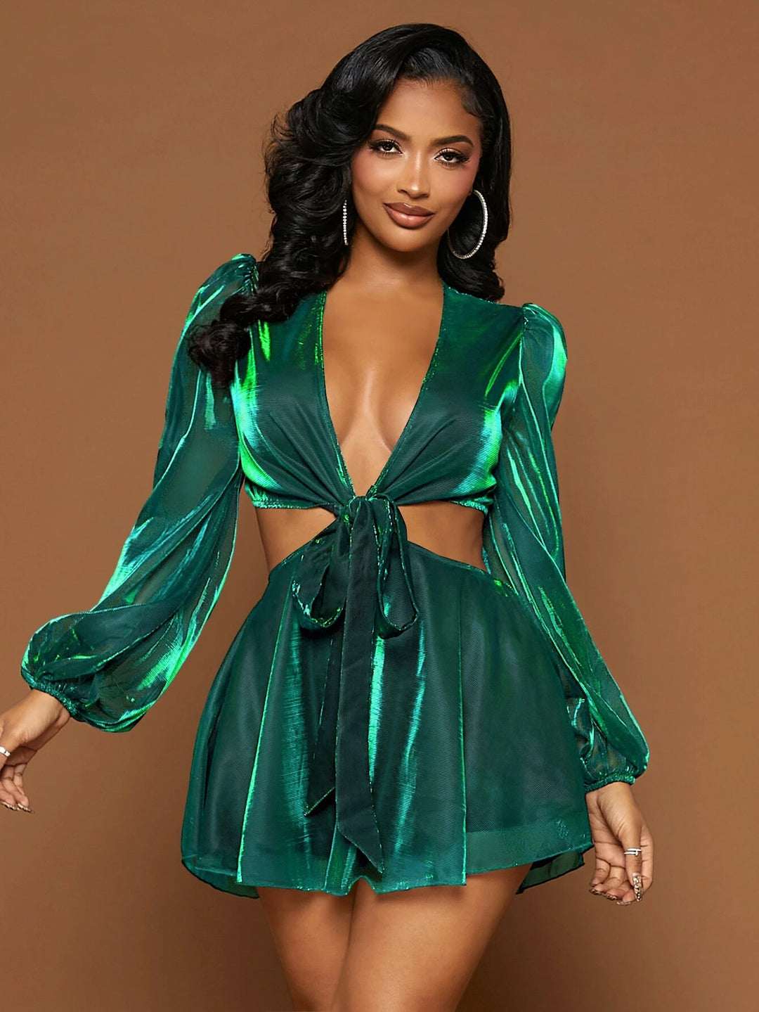 Plunging Neck Lantern Sleeve Metallic Romper