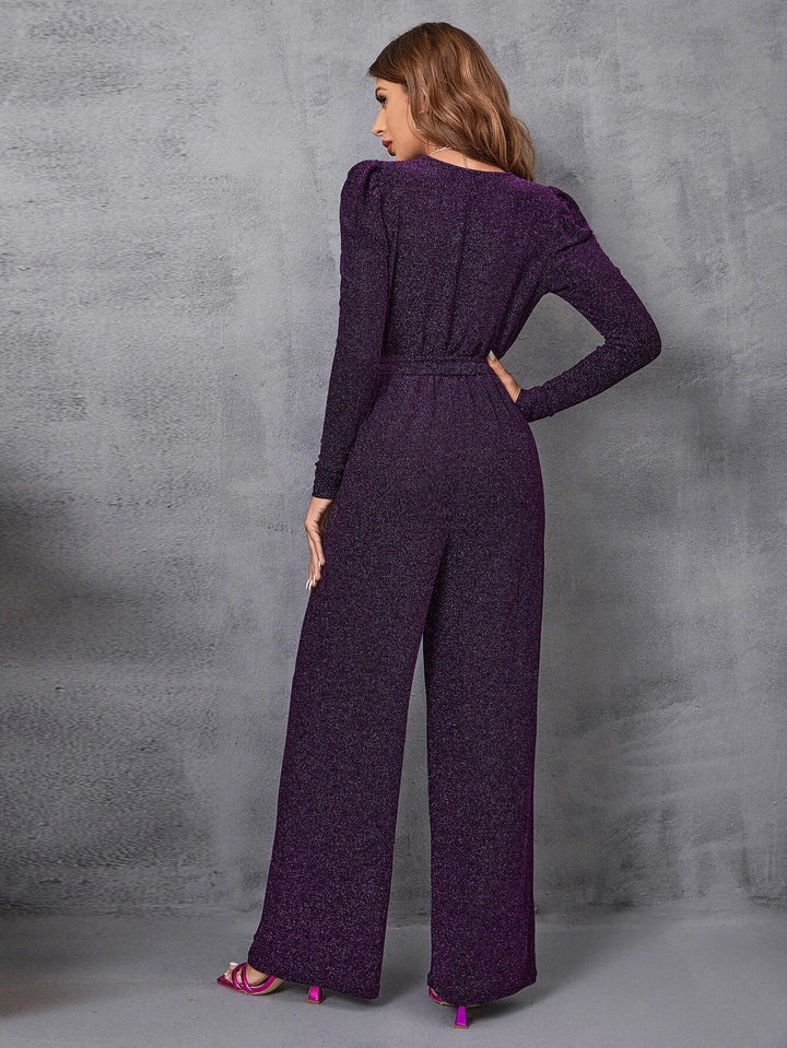 Surplice Neck Gigot Sleeve Belted Glitter Jumpsuit