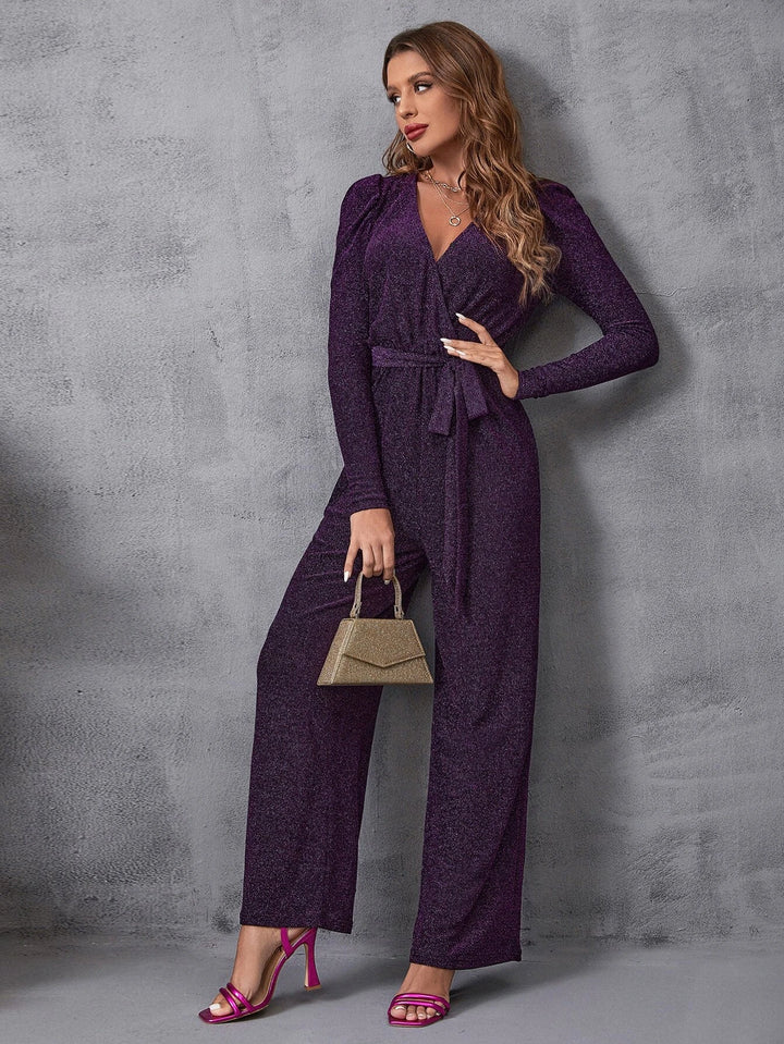 Surplice Neck Gigot Sleeve Belted Glitter Jumpsuit