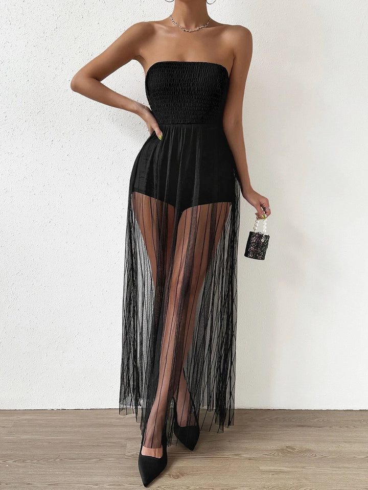 Contrast Mesh Overlay Tube Romper