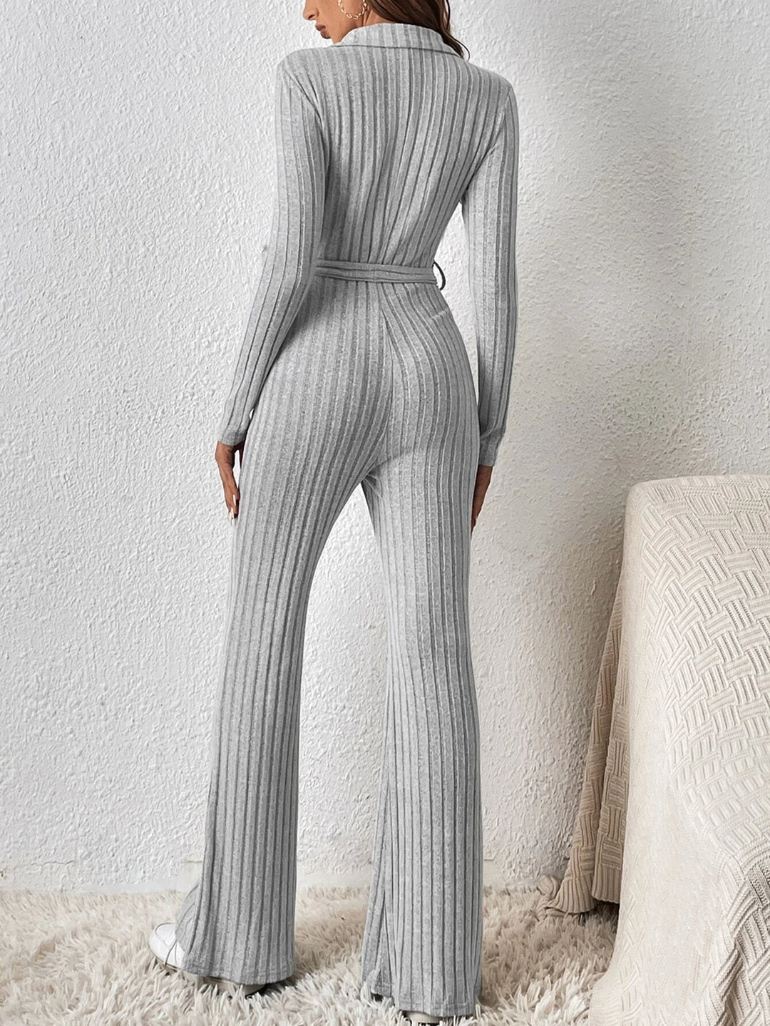 Zipper Ribbed Knit Jumpsuit With Belt