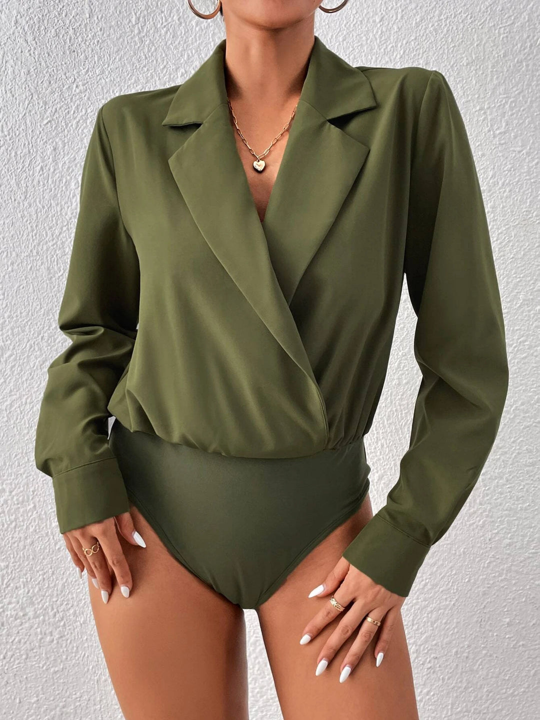 Lapel Neckline Shirt Style Bodysuit