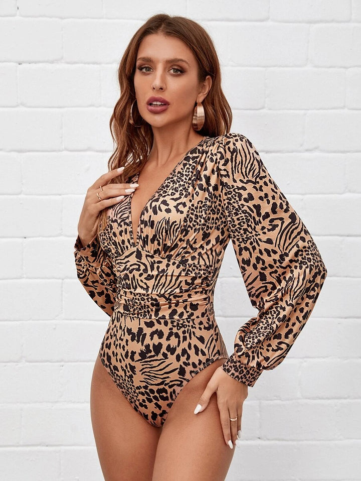 Leopard Print Plunging Neck Lantern Sleeve Bodysuit