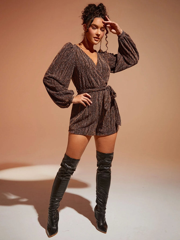 Long Sleeve Belted Glitter Romper