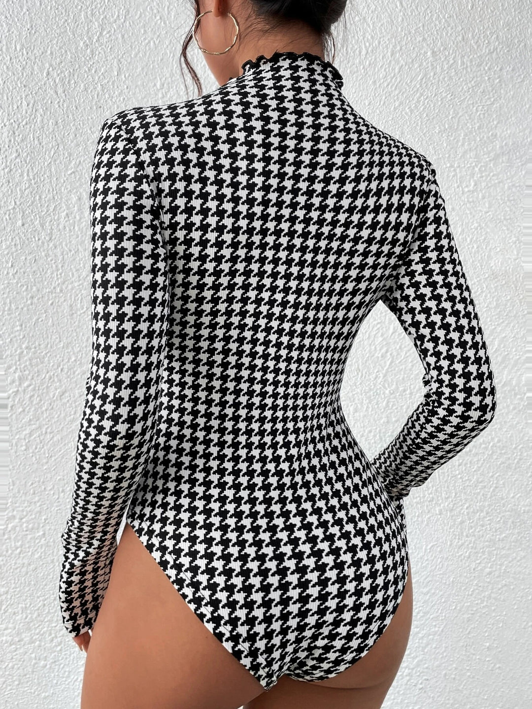 Houndstooth Print Front Mock Neck Bodysuit