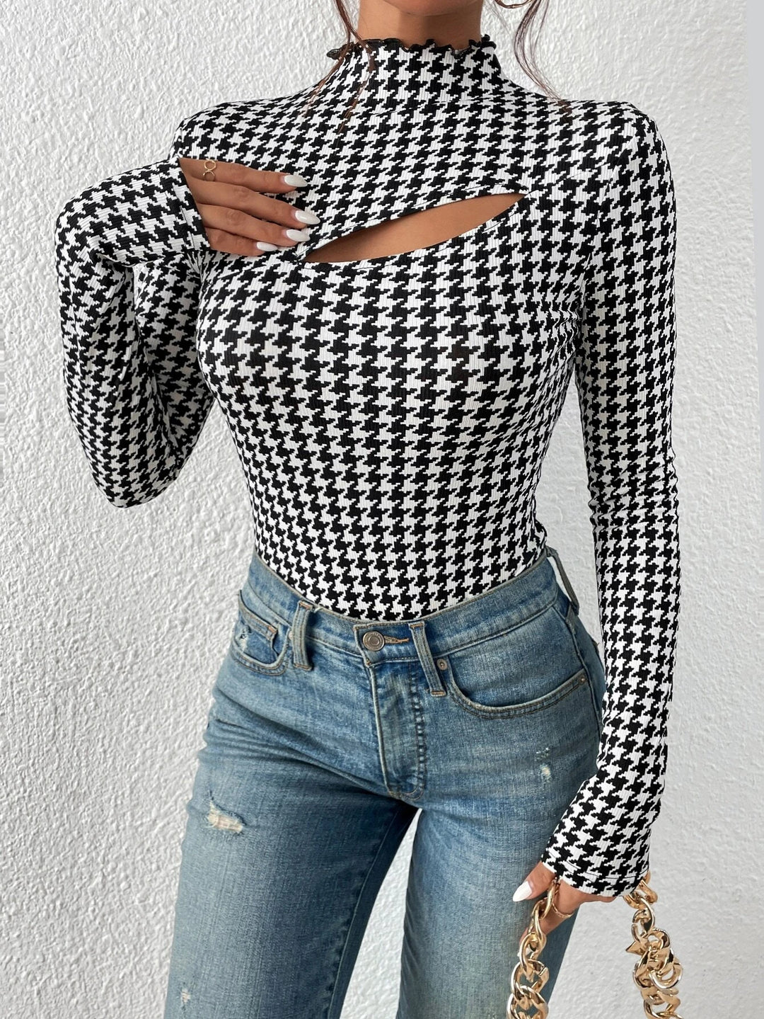 Houndstooth Print Front Mock Neck Bodysuit