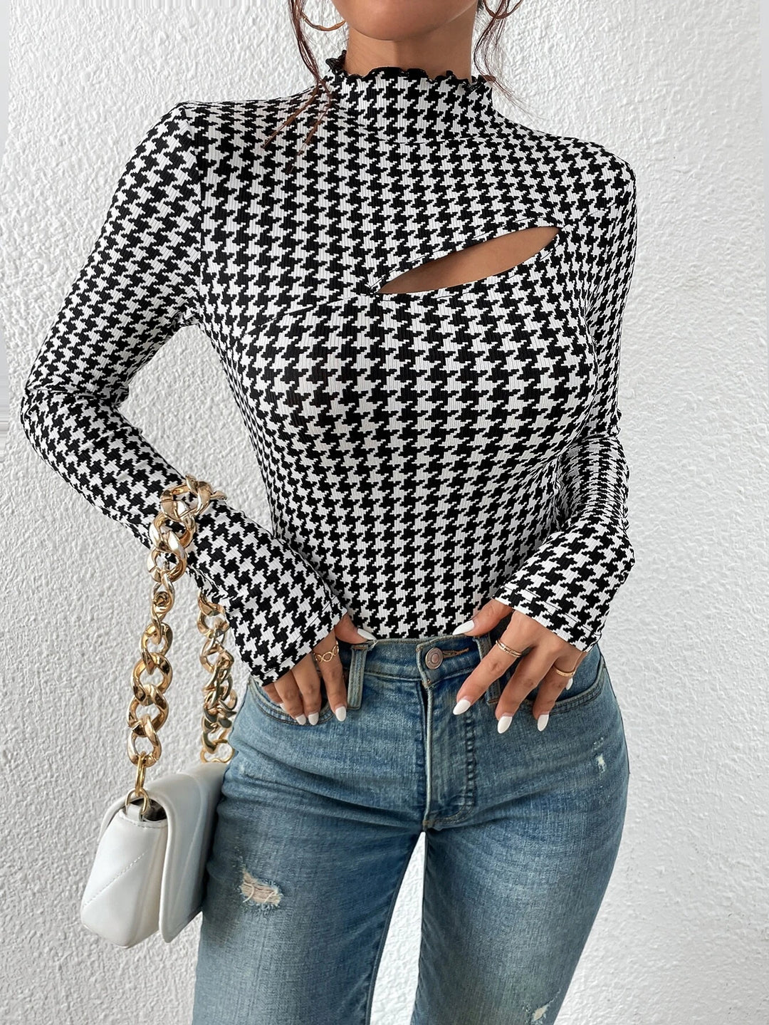 Houndstooth Print Front Mock Neck Bodysuit