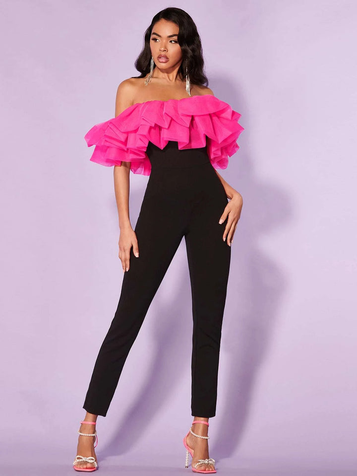 Off Shoulder Ruffle Trim Jumpsuit