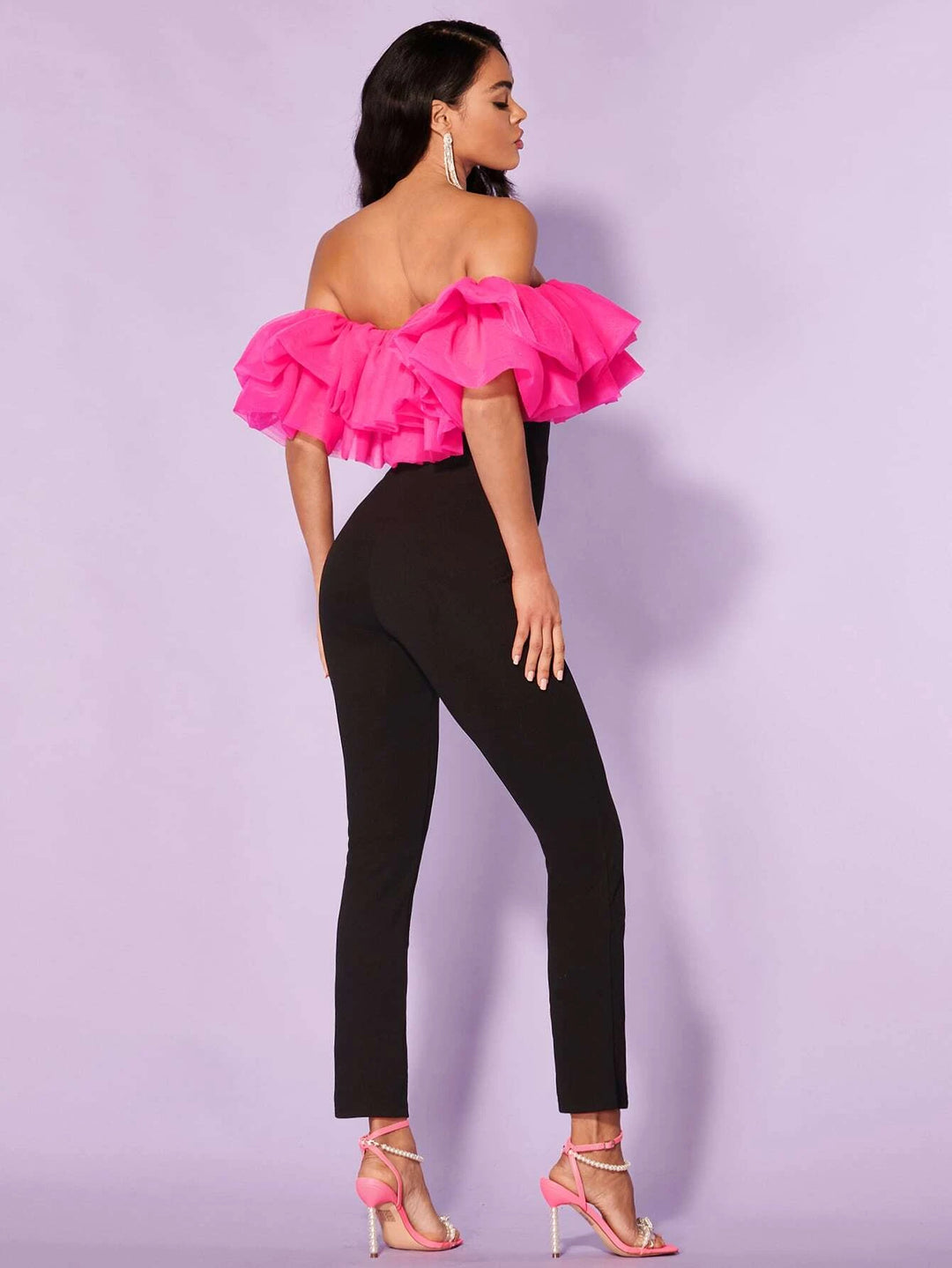 Off Shoulder Ruffle Trim Jumpsuit