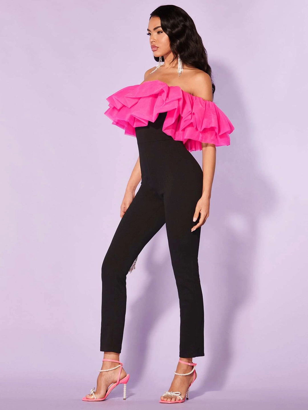 Off Shoulder Ruffle Trim Jumpsuit